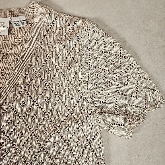 TR Bentley Knit Cardigan Top Champagne Gold Metallic Short Sleeve Medium - Picture 4 of 9